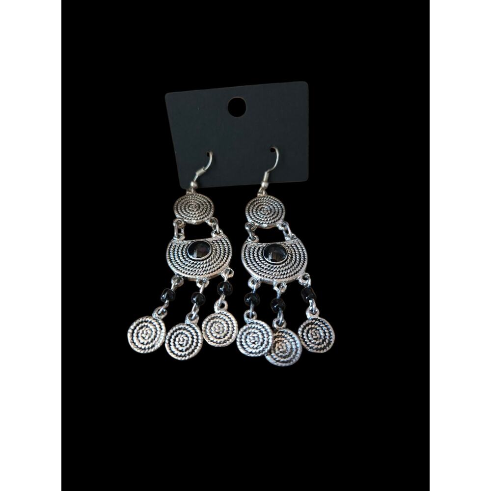 Black and silver 3-tiered chandelier earrings